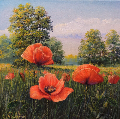 Poppies in the Field di Oleg Riabchuk, Pittura in vendita su Singulart