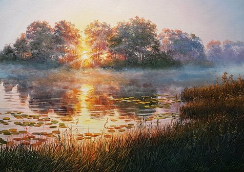 Fog over a lake van Oleg Riabchuk, Schilderij te koop op Singulart