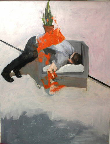 Mann auf einem Stuhl liegend, und einer Pflanze auf dem Rücken di Mila Veljac'a, Pittura in vendita su Singulart