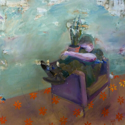 Mann auf dem Stuhl sitzend, mit einer Pflanze di Mila Veljac'a, Pittura in vendita su Singulart