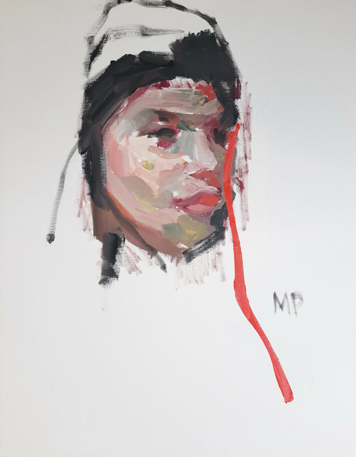 Oilportrait mit rotem Faden Mila Veljac'a Originalgemälde zu verkaufen