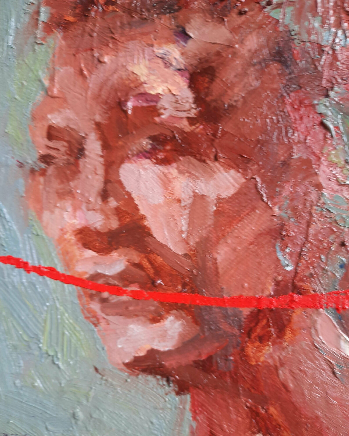 Oilportrait mit rotem Faden Mila Veljac'a Originalgemälde zu verkaufen