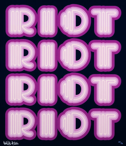 RIOT (Purple / Navy Ground), rare large hand signed screen print di Ben Eine, Stampa in vendita su Singulart