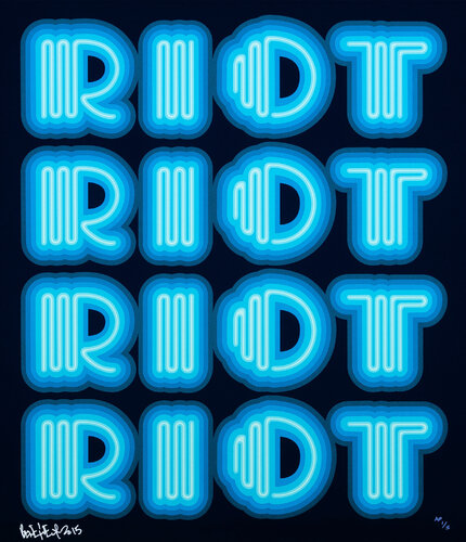 RIOT (Blue / Navy Ground), rare large hand signed screen print di Ben Eine, Stampa in vendita su Singulart