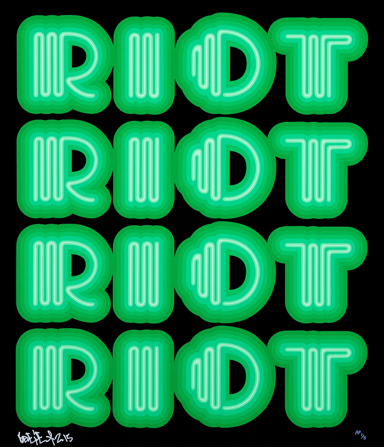 RIOT (Green), rare large hand signed screen print Ben Eine