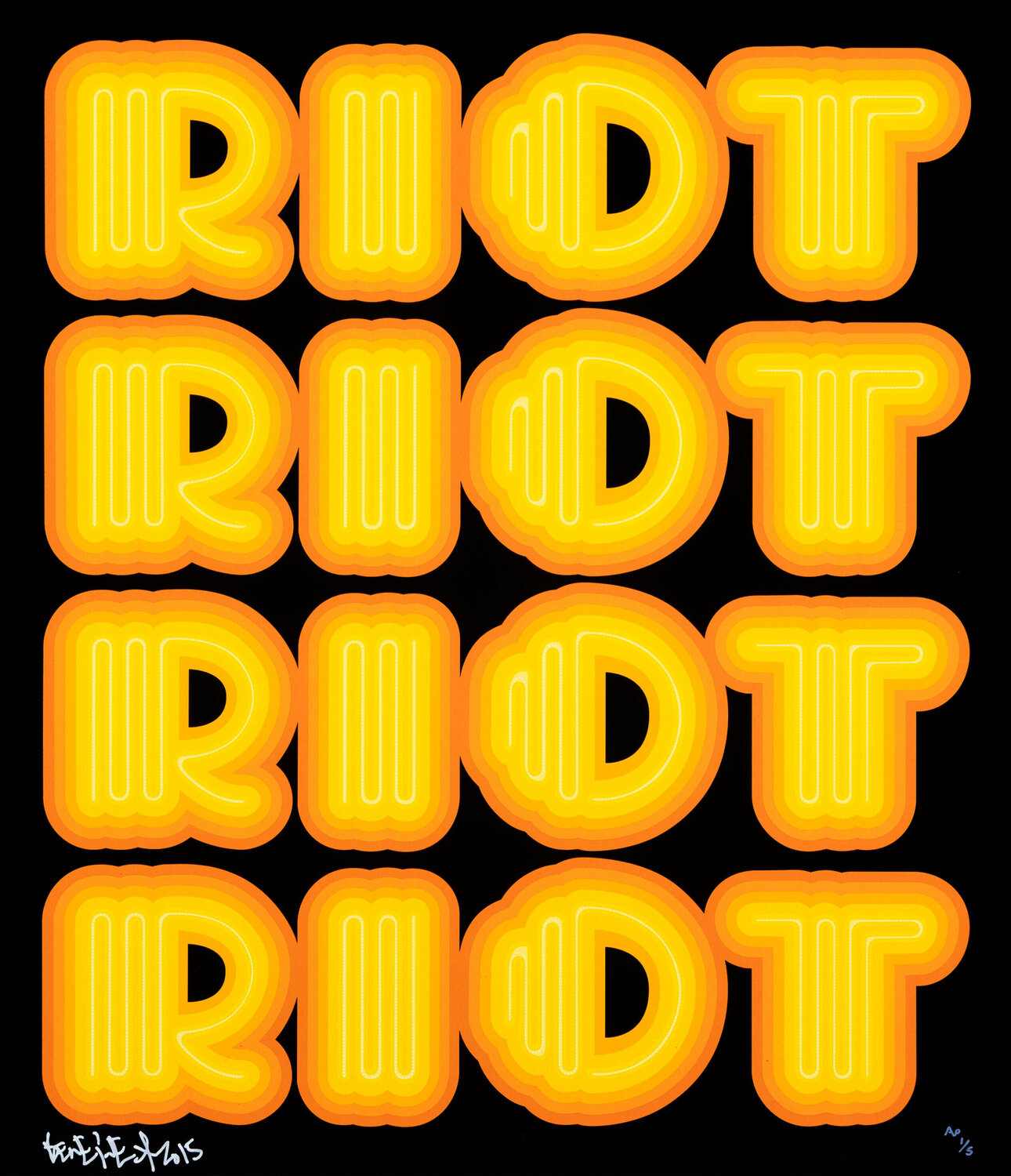 RIOT (Yellow), rare large hand signed screen print Ben Eine