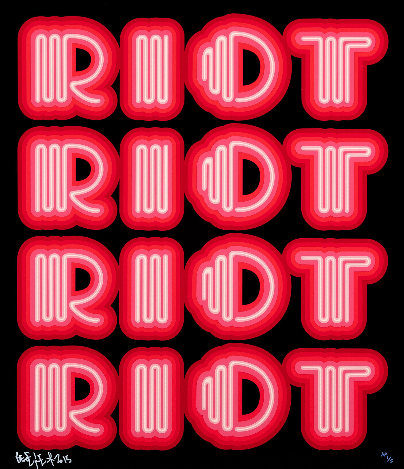 RIOT (Warm Pink), rare large hand signed screen print Ben Eine