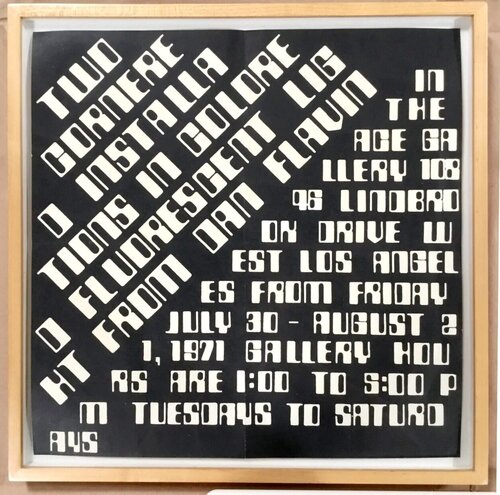 Rare invitation poster for the exhibition "Two Cornered Installations in Colored Fluorescent Light from Dan Flavin" at ACE Gallery in Los Angeles Dan Flavin
