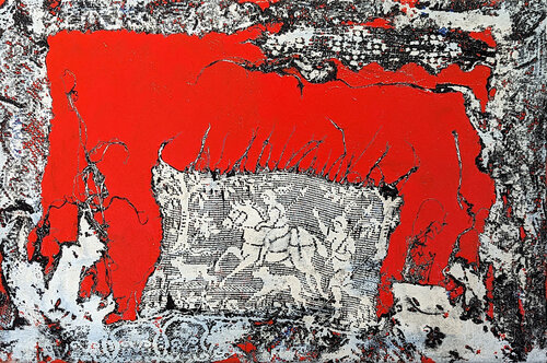 “Red Hunt” Contemporary Red, Black, & White Abstract Lace Painting van Mark Flood, Schilderij te koop op Singulart