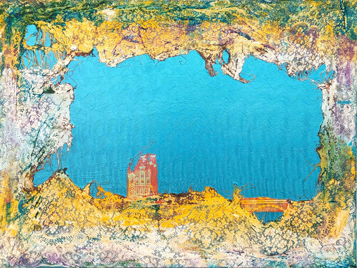 "Udolpho" Contemporary Abstract Teal, Yellow, and Green Lace Painting van Mark Flood, Schilderij te koop op Singulart