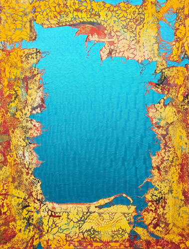 "The Expedition" Contemporary Abstract Large Blue and Yellow Lace Painting van Mark Flood, Schilderij te koop op Singulart
