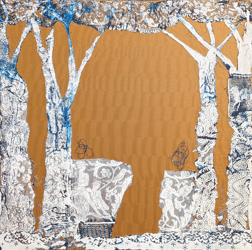 "The Supplicant" Contemporary Abstract Gold, White, & Blue Wooded Landscape Lace Painting van Mark Flood, Schilderij te koop op Singulart