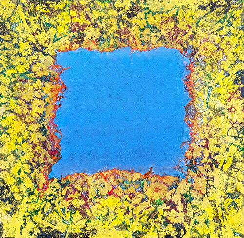 Untitled Blue and Yellow Abstract Floral Lace Painting van Mark Flood, Schilderij te koop op Singulart