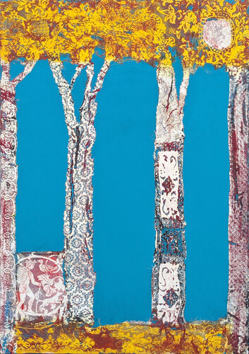 "Treehouse" Contemporary Abstract Blue & Yellow Wooded Landscape Lace Painting van Mark Flood, Schilderij te koop op Singulart