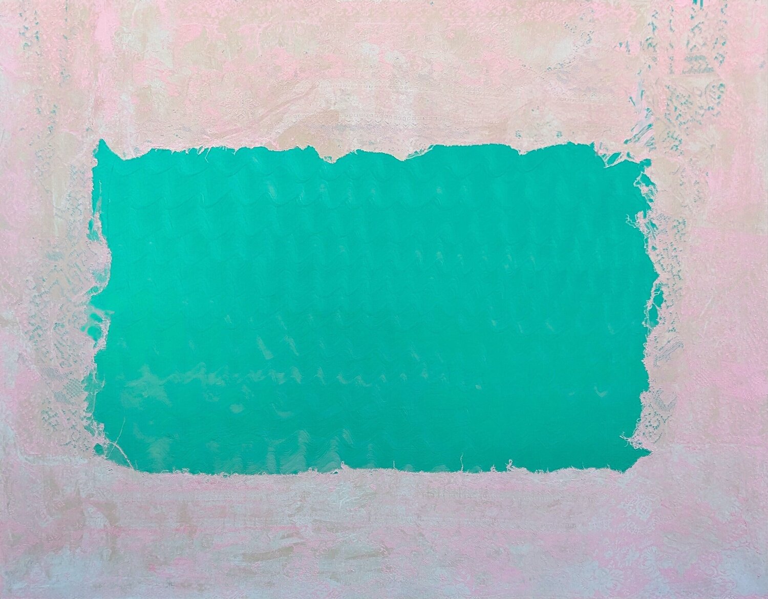 "Pink Sand" Large Scale Contemporary Abstract Pastel Pink and Teal Lace Painting Mark Flood Peinture originale à vendre