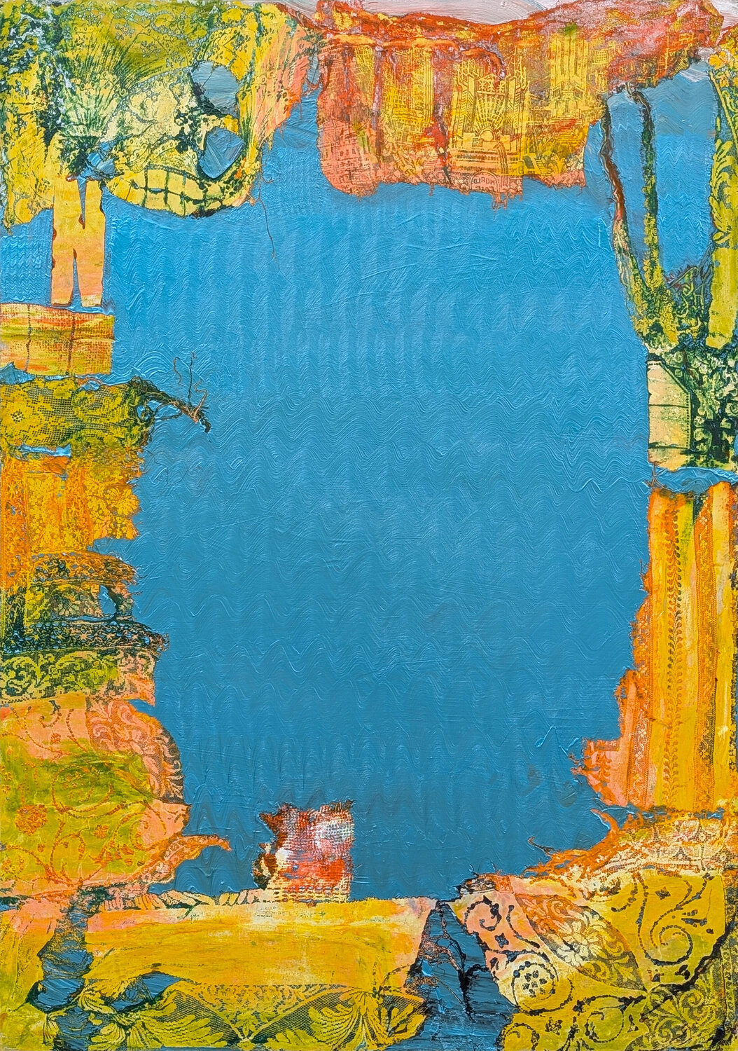 Untitled Teal and Yellow Abstract Lace Painting Mark Flood Originalgemälde zu verkaufen