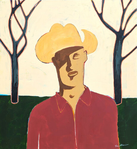 "Luke" Contemporary Abstract Neutral Toned Western Cowboy Portrait Painting van Ian Francis, Schilderij te koop op Singulart