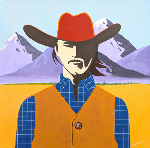 "JT" Contemporary Abstract Blue & Yellow Western Cowboy Portrait Painting van Ian Francis, Schilderij te koop op Singulart