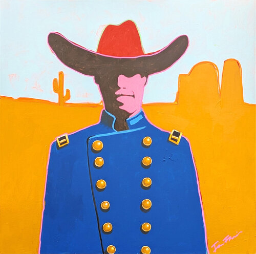 "Loot" Contemporary Abstract Blue & Orange Western Cowboy Portrait Painting van Ian Francis, Schilderij te koop op Singulart