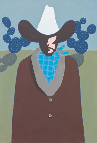 "Tucker" Contemporary Abstract Blue & Green Western Cowboy Portrait Painting van Ian Francis, Schilderij te koop op Singulart