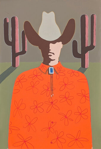 "Carlson" Contemporary Abstract Orange & Green Western Cowboy Portrait Painting van Ian Francis, Schilderij te koop op Singulart