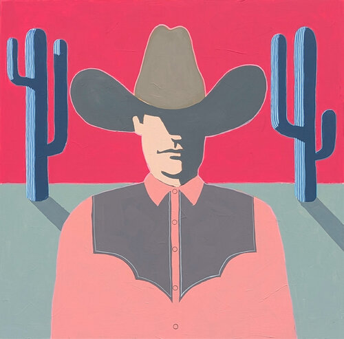 "Jeb" Contemporary Abstract Pink and Blue Toned Western Cowboy Portrait Painting di Ian Francis, Pittura in vendita su Singulart