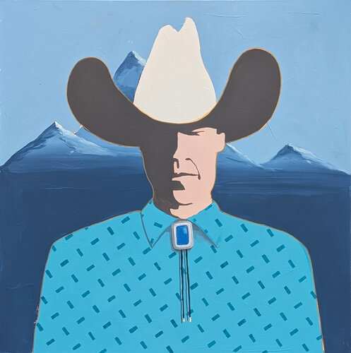 "Erik" Contemporary Abstract Blue Toned Western Cowboy Portrait Painting di Ian Francis, Pittura in vendita su Singulart