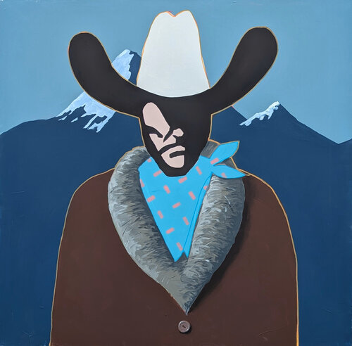 "Abbott" Contemporary Abstract Blue and Brown Western Cowboy Portrait Painting di Ian Francis, Pittura in vendita su Singulart
