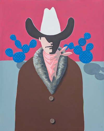"Jenner" Contemporary Abstract Pink and Blue Western Cowboy Portrait Painting van Ian Francis, Schilderij te koop op Singulart