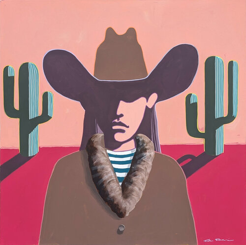"Lily" Contemporary Abstract Pink and Green Western Cowgirl Portrait Painting van Ian Francis, Schilderij te koop op Singulart