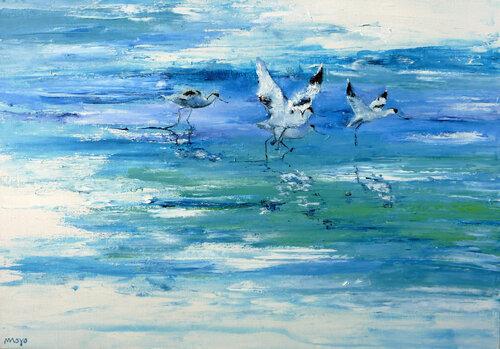 Avocettes (oiseaux marins) en vol. di Moyo, Pittura in vendita su Singulart