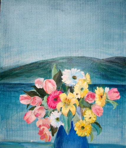 Flowers on the sea de Luciana Mathioudakis, Pintura a la venta en Singulart