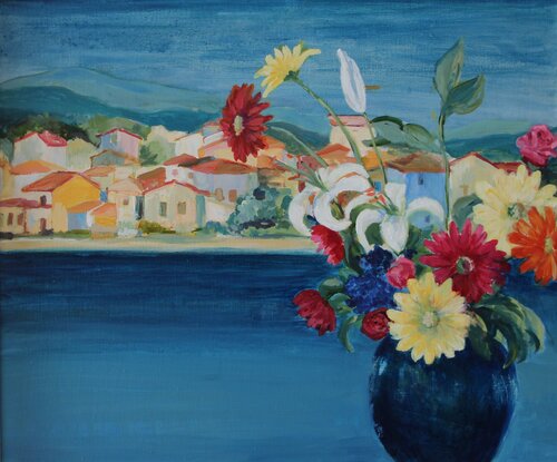 Flowers, sea and village de Luciana Mathioudakis, Pintura a la venta en Singulart
