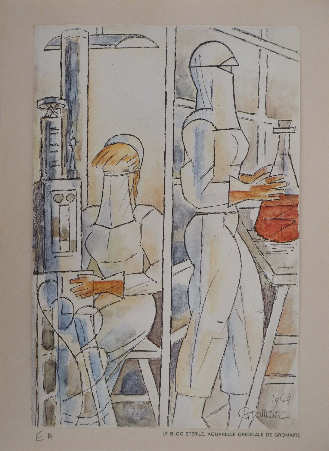 Infirmières au laboratoire, Lithographie signée Marcel Gromaire Impresión en venta