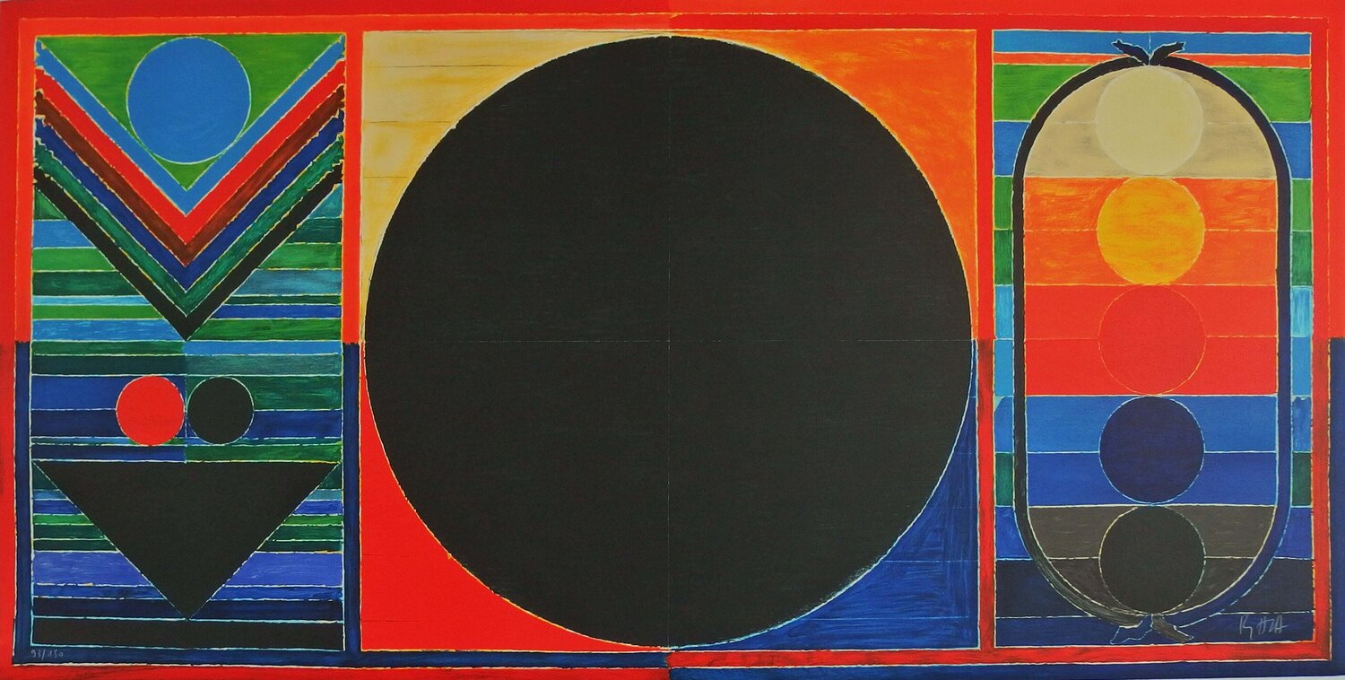 Arbre, bindu et cinq éléments, Lithographie originale signée Sayed Haider Raza Druck zu verkaufen