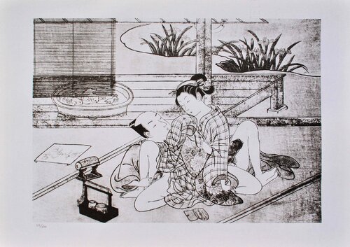 Plaisir au jardin, Lithographie érotique japonaise by Suzuki Harunobu, Print for Sale on Singulart
