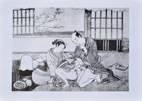 Surprise de taille, Lithographie érotique japonaise by Suzuki Harunobu, Print for Sale on Singulart