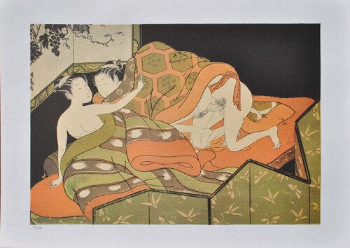 Trio sous la couette, LITHOGRAPHIE érotique japonaise by Suzuki Harunobu, Print for Sale on Singulart