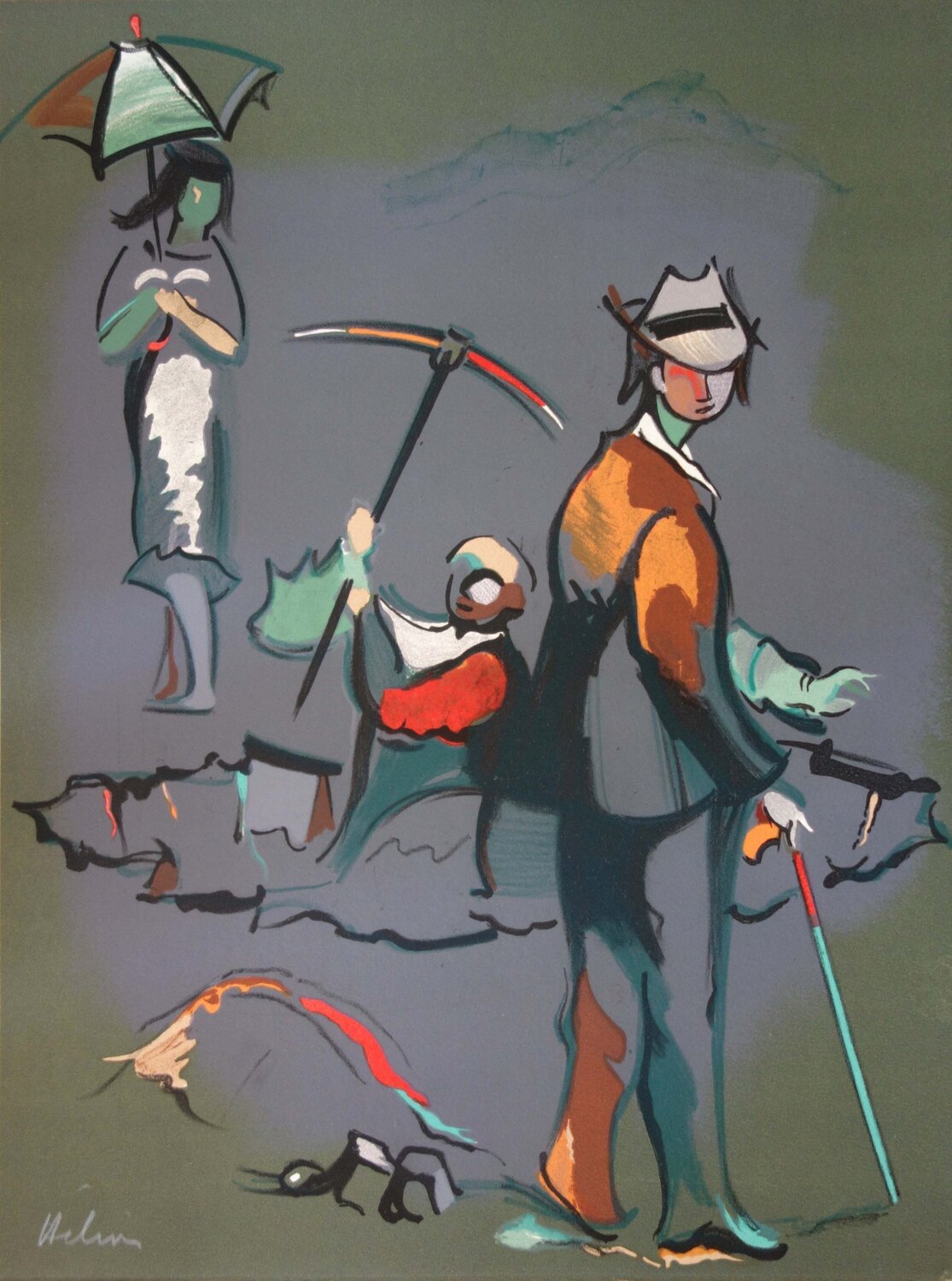 Orpaillage, Les chercheurs d'or, Lithographie originale signée Jean Hélion Afdruk te koop