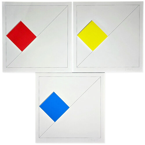 Set of Three (3) Concrete Geometric Abstract Compositions (Blue, Yellow, Red) by Gottfried Honegger, Print for Sale on Singulart