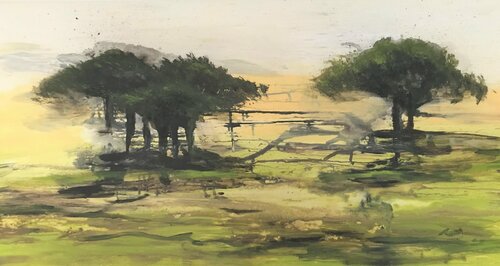 landscape in green acacia van Tiny De Bruin, Schilderij te koop op Singulart