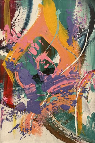 Abstract blue salmon yellow turqouise van Tiny De Bruin, Schilderij te koop op Singulart