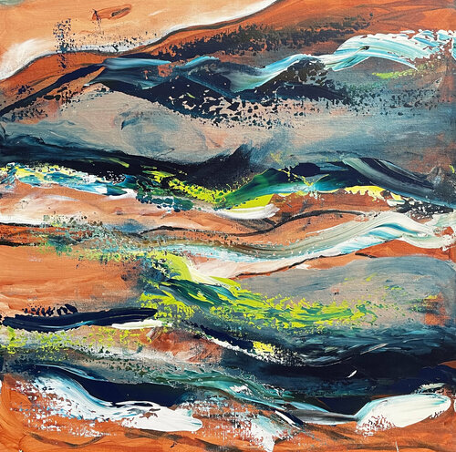 landscape turquoise blue green burned sienna von Tiny De Bruin, Malerei kaufen auf Singulart