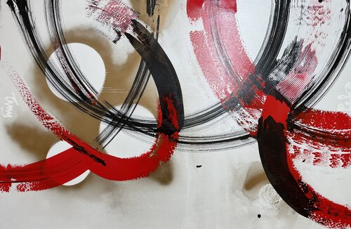 A Symphony of Golden, Red, and Black in Circles and Ovals van Tiny De Bruin, Schilderij te koop op Singulart