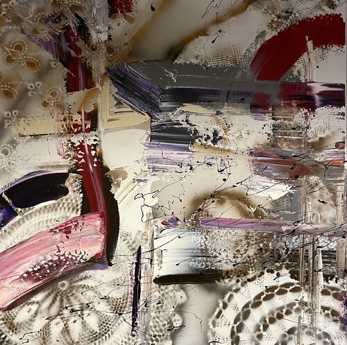 Abstract with red purple and gold 2 par Tiny De Bruin, Peinture en vente sur Singulart