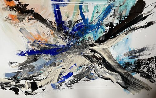 Abstract in orange, blue, black and grey von Tiny De Bruin, Malerei kaufen auf Singulart