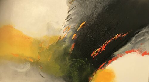 landscape in yellow, grey and black van Tiny De Bruin, Schilderij te koop op Singulart