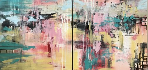 Landscape in pink yellow and turquoise van Tiny De Bruin, Schilderij te koop op Singulart