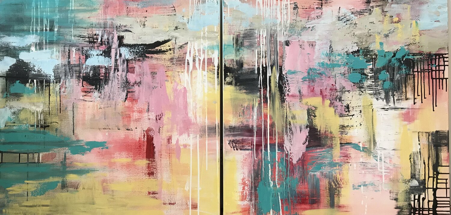 Landscape in pink yellow and turquoise Tiny De Bruin