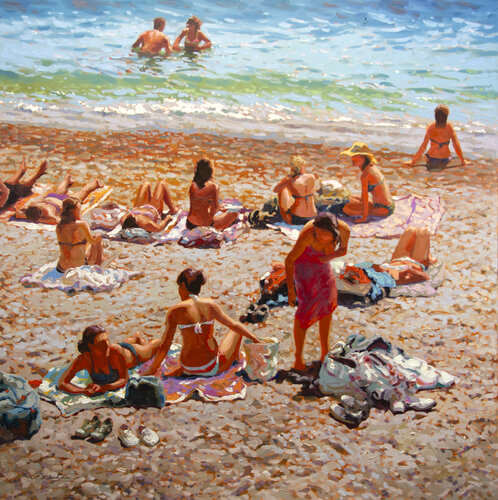Sunbathers. Monterosso beach. di Vadim Dolgov, Pittura in vendita su Singulart